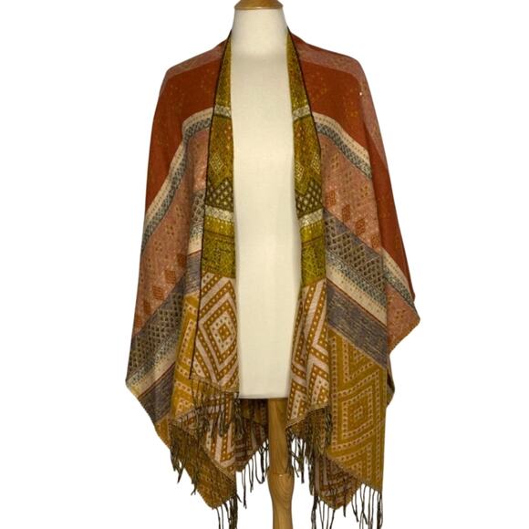 Western Boutique Fringe Bottom Tribal Print Oversized Sweater Kimono P - Picture 4 of 10